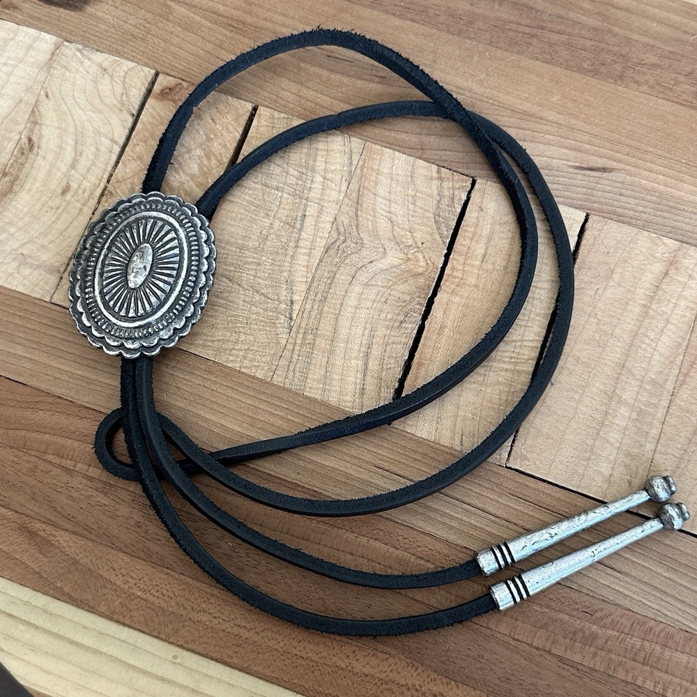 Vintage Western Bolo Tie 40 Inch Silver Plated Brass Concho Black Leather Cord